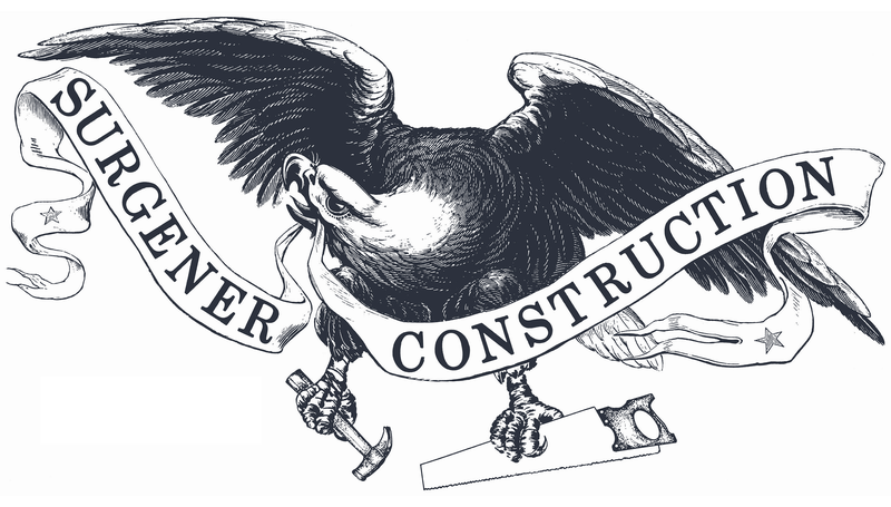 Surgener Construction logo — eagle emblem with hammer and saw